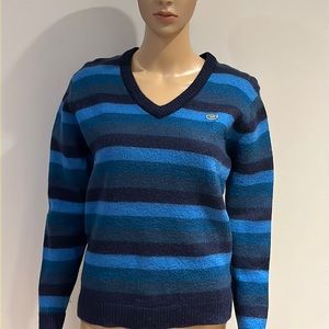 Women’s Lacoste V Neck Sweater Wool Blue Stripes